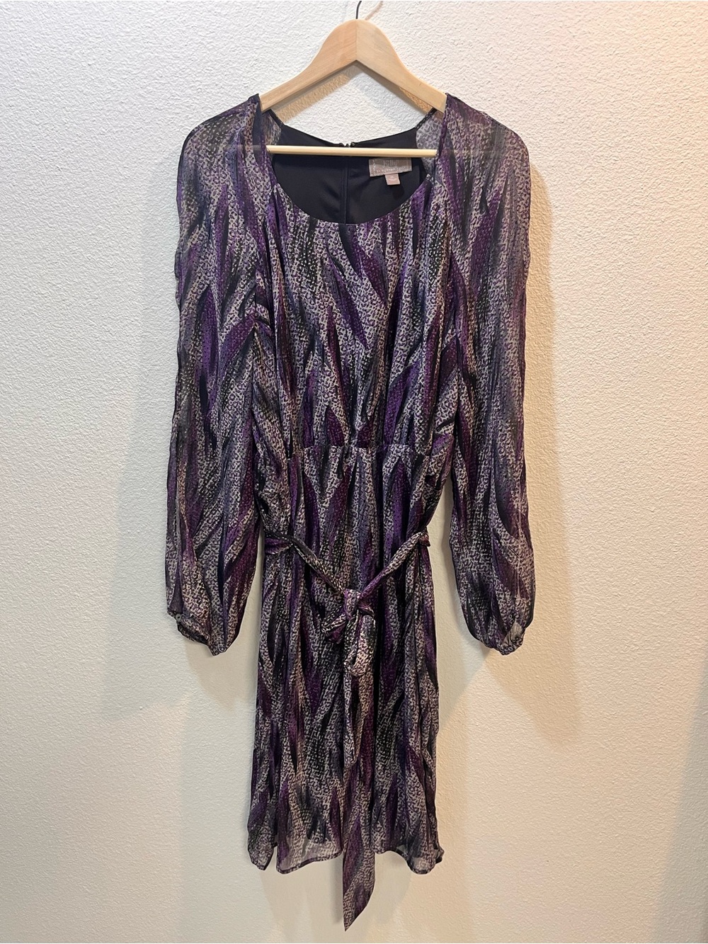 Purple Printed Long-Sleeve Tie-Waist Dress